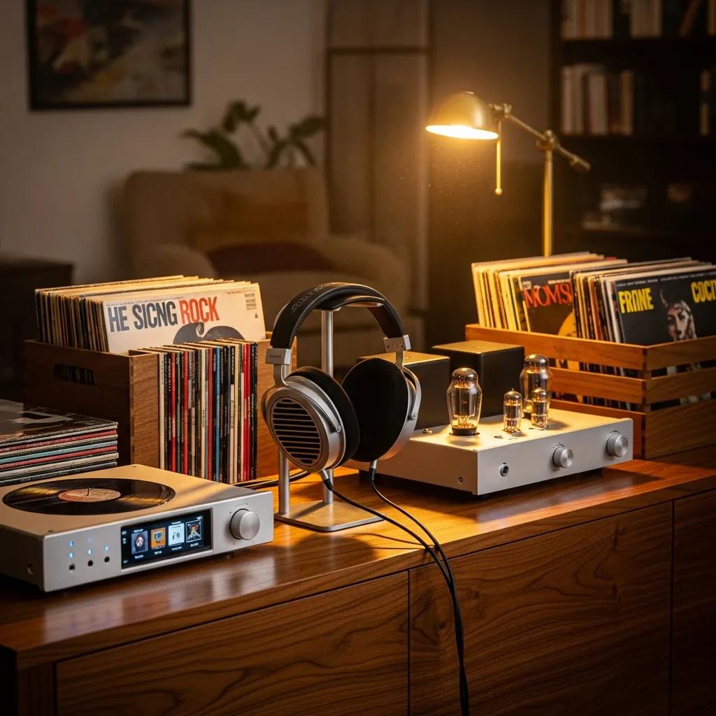 High-fidelity audio setup with headphones and audio player showcasing premium sound quality