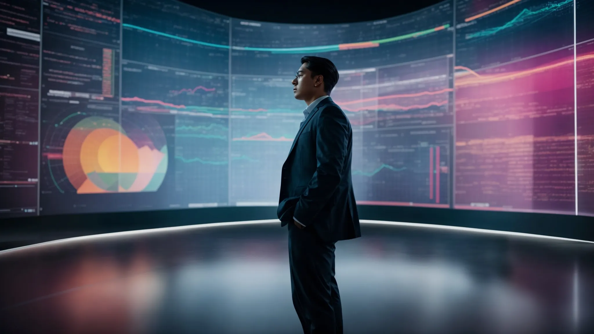 Business professional analyzing AI search platform data visualizations.